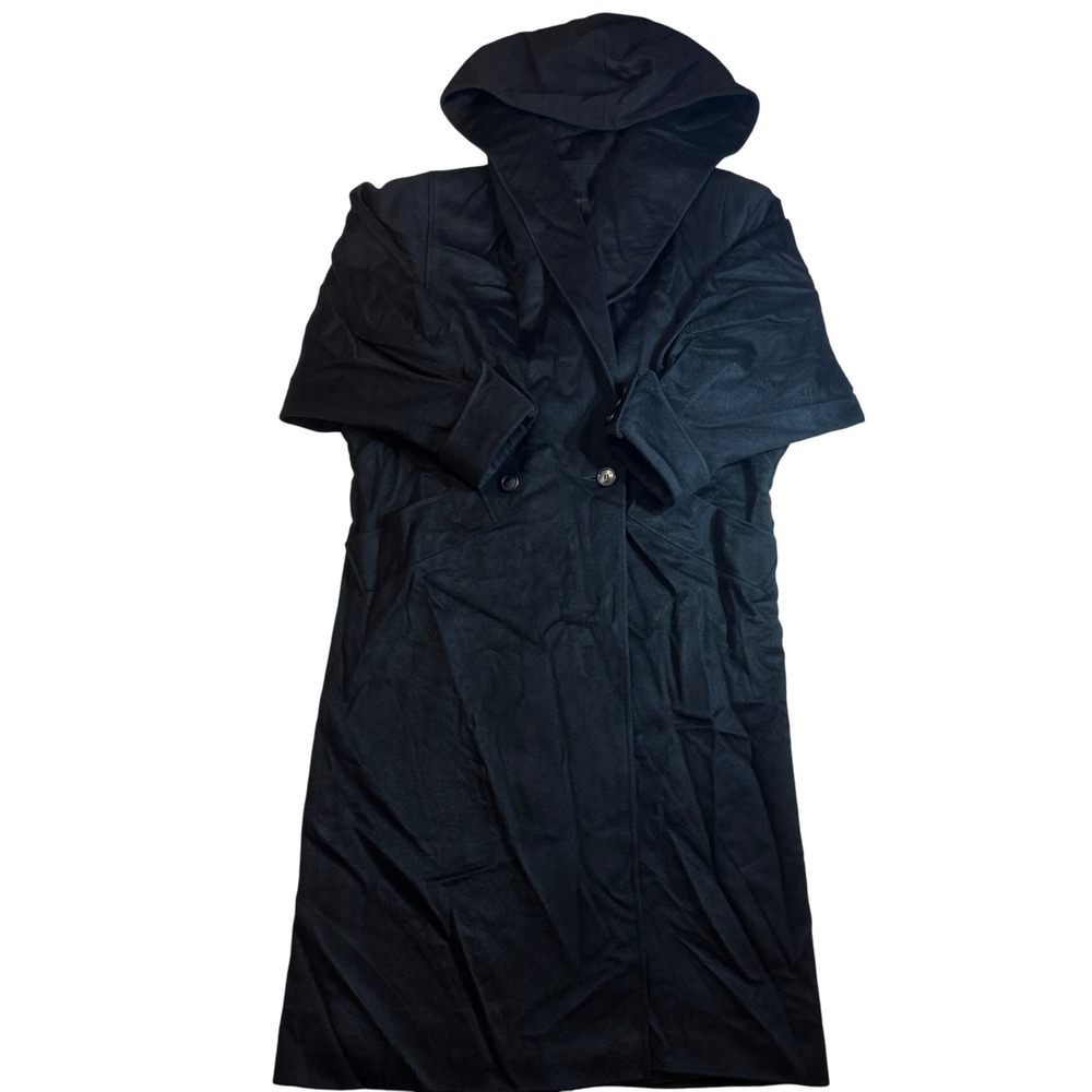Vintage Gemini Black Pure Wool Hooded Maxi Coat Double Breasted Shawl Collar Y2K
